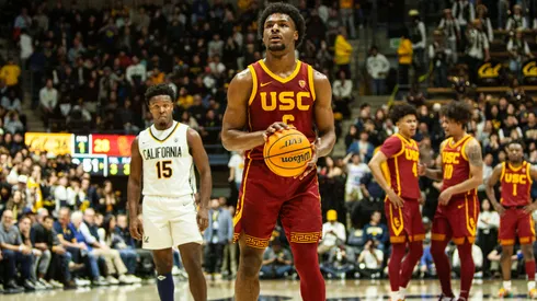 USC guard Bronny James (6) at the free-throw line during the NCAA Basketball game between USC Trojans and the California Golden Bears on February 07, 2024.