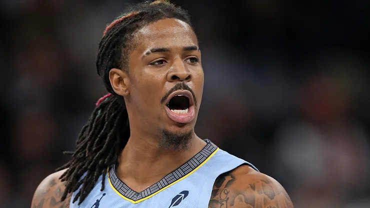 Ja Morant #12 of the Memphis Grizzlies reacts during the second half against the New Orleans Pelicans of an Emirates NBA Cup game at FedExForum on November 29, 2024 in Memphis, Tennessee.