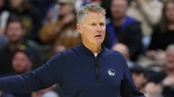 Head coach Steve Kerr of the Golden State Warriors questions a call as his team plays the Denver Nuggets in the first quarter of the Emirates NBA Cup at Ball Arena on December 3, 2024 in Denver, Colorado.