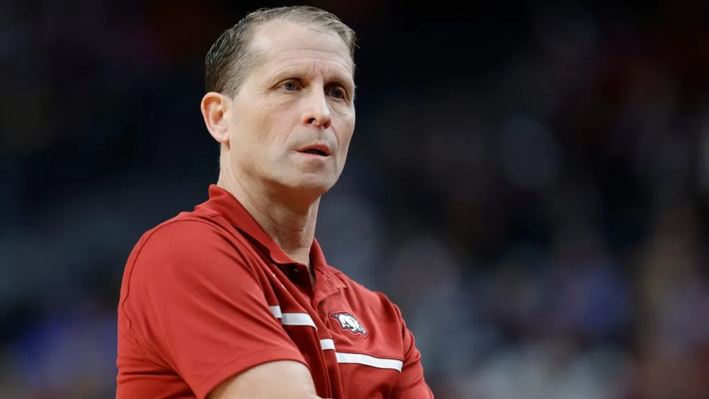 Head coach Eric Musselman of the Arkansas Razorbacks is seen during the first half against the Connecticut Huskies in the Sweet 16 round of the NCAA Men’s Basketball Tournament in 2023. (Source: Carmen Mandato/Getty Images)