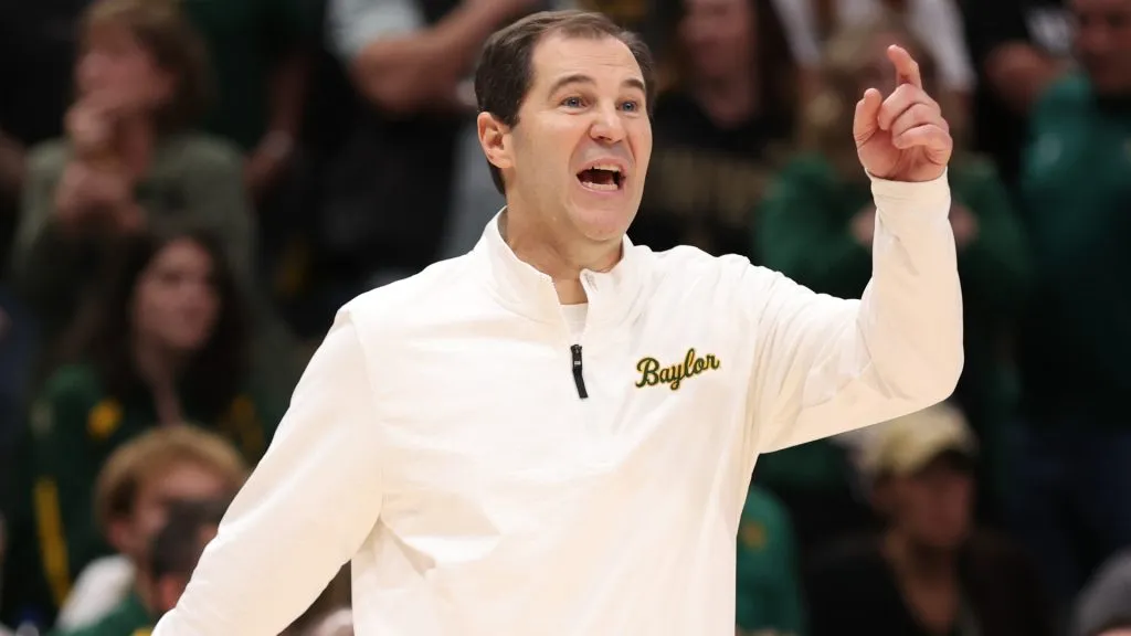 Head coach Scott Drew of the Baylor Bears reacts during the second half against the Arkansas Razorbacks at American Airlines Center on November 09, 2024. (Source: Sam Hodde/Getty Images)