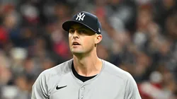 Clay Holmes #35 of the New York Yankees reacts after allowing a run in the seventh inning against the Cleveland Guardians during Game Four of the American League Championship Series at Progressive Field on October 18, 2024 in Cleveland, Ohio.