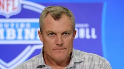General manager John Lynch of the San Francisco 49ers speaks to the media during the NFL Combine at the Indiana Convention Center on February 27, 2024 in Indianapolis, Indiana.