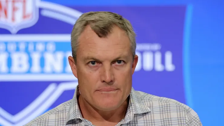 General manager John Lynch of the San Francisco 49ers speaks to the media during the NFL Combine at the Indiana Convention Center on February 27, 2024 in Indianapolis, Indiana.