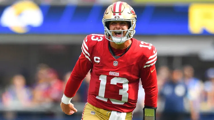 San Francisco 49ers quarterback Brock Purdy (13) celebrates after throwing a touchdown during the NFL, American Football Herren, USA game between the San Francisco 49ers and the Los Angeles Rams on September 22, 2024, at SoFi Stadium in Inglewood, CA.