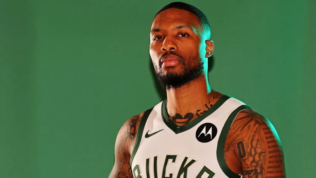 Damian Lillard #0 of the Milwaukee Bucks poses for portraits during media day on October 02, 2023. (Source: Stacy Revere/Getty Images)