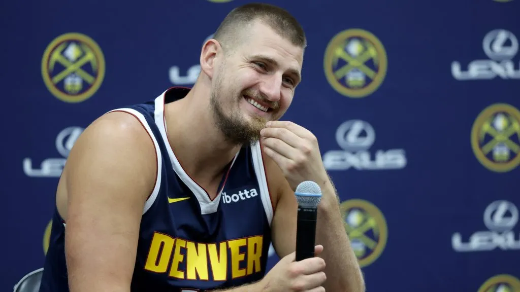 Nikola Jokic #15 of the Denver Nuggets fields questions during Denver Nuggets Media Day at Ball Arena on September 26, 2024. (Source: Matthew Stockman/Getty Images)
