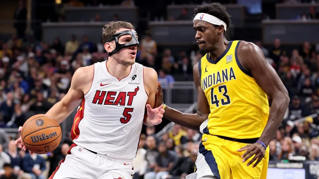 Nikola Jovic #5 of the Miami Heat against theIndiana Pacers at Gainbridge Fieldhouse. (Andy Lyons/Getty Images)