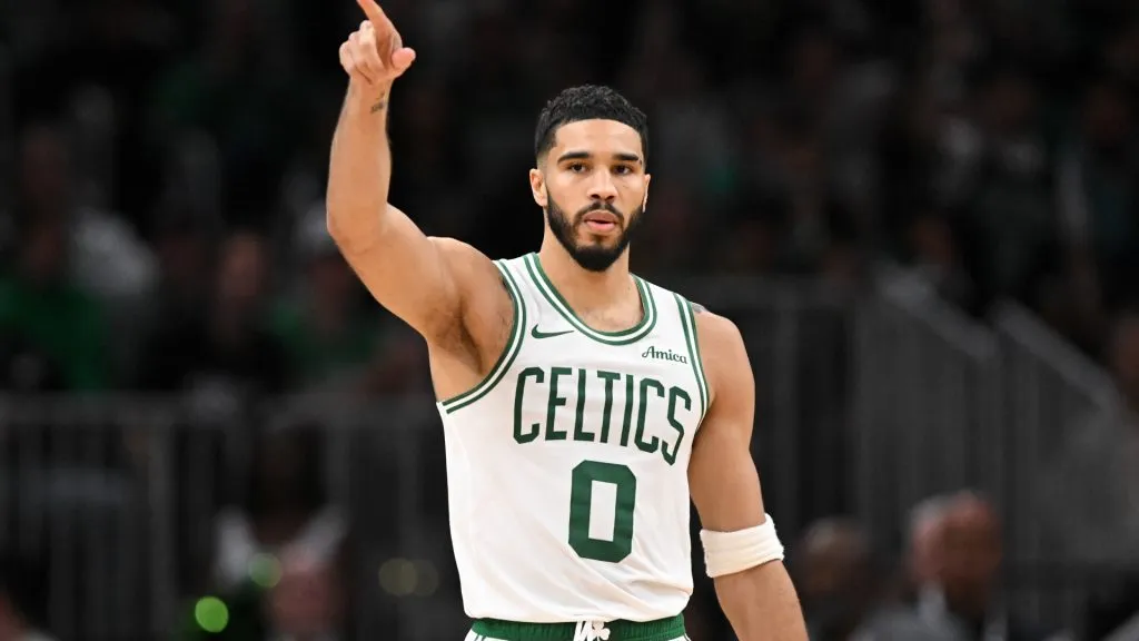 Jayson Tatum #0 of the Boston Celtics reacts after making a three-point basket against the Minnesota Timberwolves during the third quarter at the TD Garden on November 24, 2024. (Source: Brian Fluharty/Getty Images)