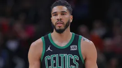 Jayson Tatum 0 of the Boston Celtics looks on during the first half against the Chicago Bulls at the United Center on March 23, 2024.