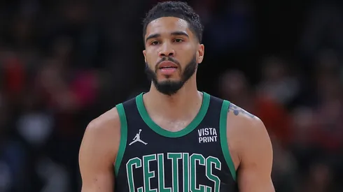 Jayson Tatum 0 of the Boston Celtics looks on during the first half against the Chicago Bulls at the United Center on March 23, 2024.