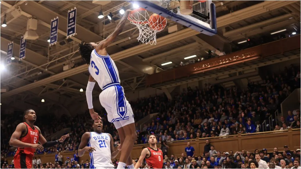 November 29, 2024: Seattle Redhawks guard Brayden Maldonado (0) looks to break pressure from Duke Blue Devils guard Isaiah Evans (3) during the NCAA, College League, USA Basketball game between the Seattle Redhawks and the Duke Blue Devils at Cameron Indoor Stadium in Durham, North Carolina. CSM Durham