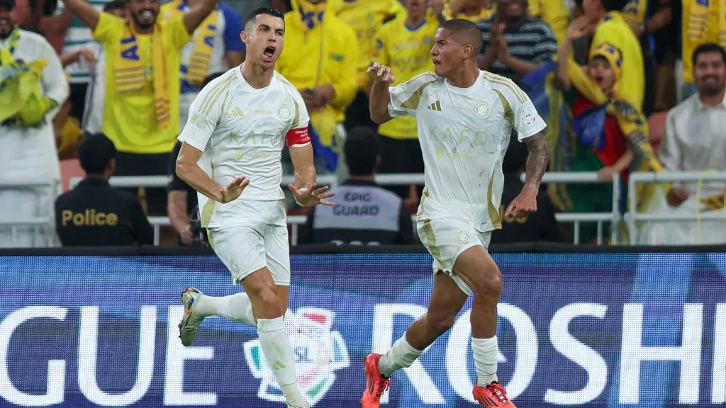 Cristiano Ronaldo of Al Nassr celebrates after scoring the 1st goal for his team during the Saudi Pro League match between Al-Ittihad v Al-Nassr at King Abdullah Sports City. (Yasser Bakhsh/Getty Images)