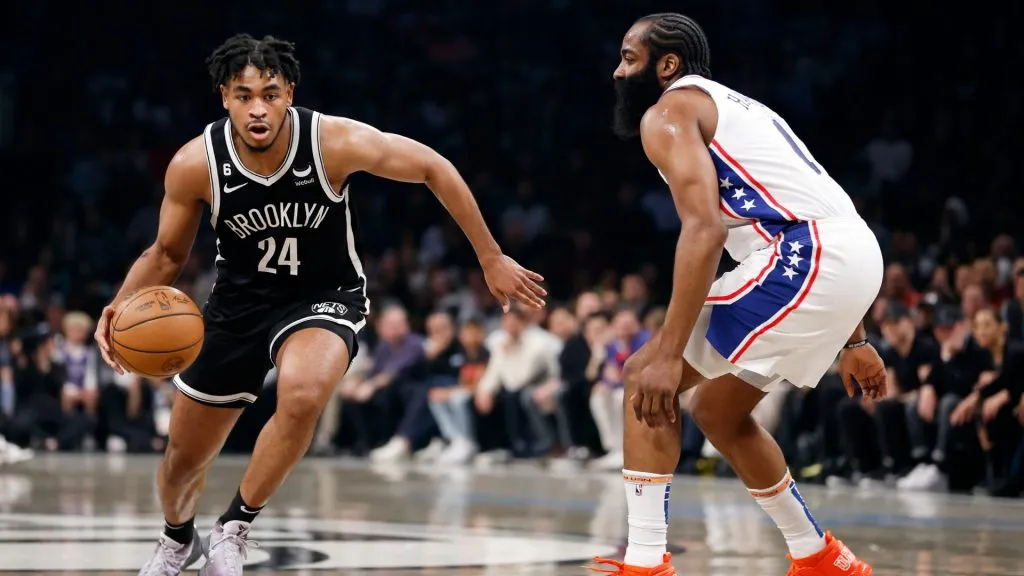 Cam Thomas #24 of the Brooklyn Nets dribbles against James Harden #1 of the Philadelphia 76ers during the first half of Game Three of the Eastern Conference First Round Playoffs at Barclays Center on April 20, 2023 in the Brooklyn borough of New York City. 