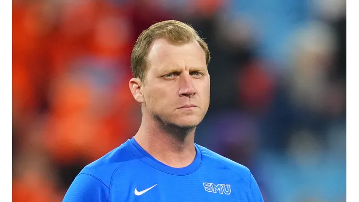 Head coach Rhett Lashlee of the SMU Mustangs looks on before the 2024 ACC Football Championship at Bank of America Stadium on December 07, 2024 in Charlotte, North Carolina.