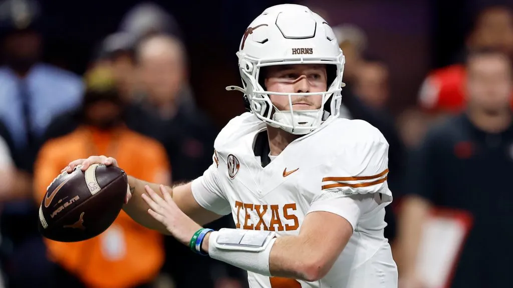 Quinn Ewers #3 of the Texas Longhorns throws a pass against the Georgia Bulldogs during the second quarter of the 2024 SEC Championship at Mercedes-Benz Stadium on December 07, 2024 in Atlanta, Georgia.