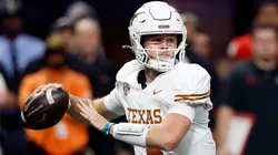 Quinn Ewers #3 of the Texas Longhorns throws a pass against the Georgia Bulldogs during the second quarter of the 2024 SEC Championship at Mercedes-Benz Stadium on December 07, 2024 in Atlanta, Georgia.