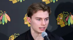 Chicago Blackhawks draft pick Connor Bedard is introduced at Fifth Third Arena on June 30, 2023, in Chicago.