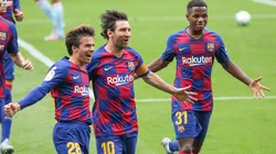 Riqui Puig, Lionel Messi and Ansu Fati of FC Barcelona, Barca celebrates a goal scored by Luis Suarez during the spanish league match played between Celta de Vigo and FC Barcelona.