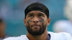 Miami Dolphins quarterback Tua Tagovailoa (1) watches the video board before the start of the second half during the game between the Las Vegas Raiders and the Miami Dolphins on Sunday, November 19, 2023 at Hard Rock Stadium, Miami, Fla.