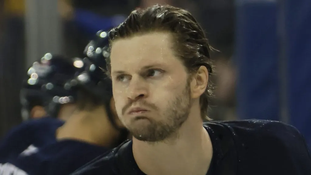 Jacob Trouba #8 of the New York Rangers prepares to play against the Florida Panthers at Madison Square Garden on October 24, 2024 in New York City.