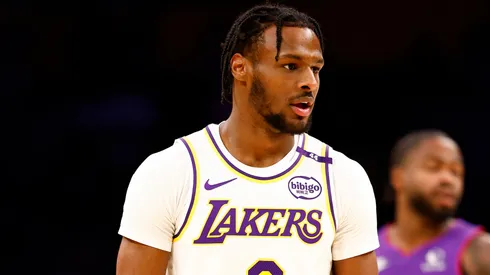 Bronny James #9 of the Los Angeles Lakers in the second half of play against the Toronto Raptors at Crypto.com Arena.