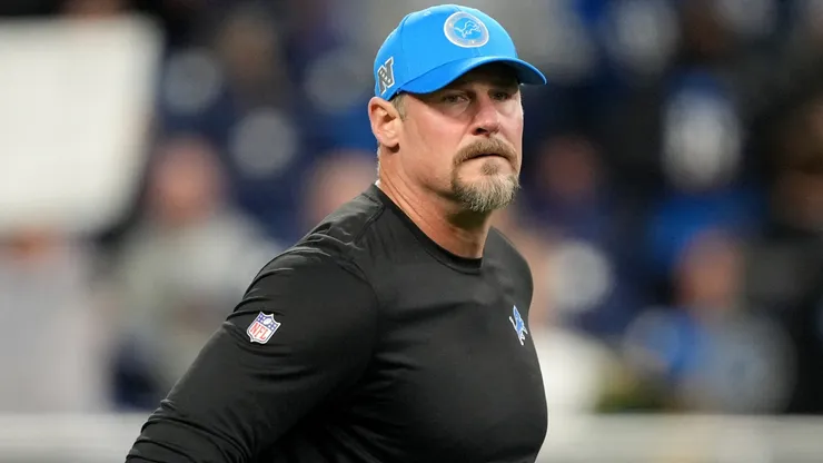 Head coach Dan Campbell of the Detroit Lions looks on prior to the game against the Green Bay Packers at Ford Field on December 05, 2024 in Detroit, Michigan.