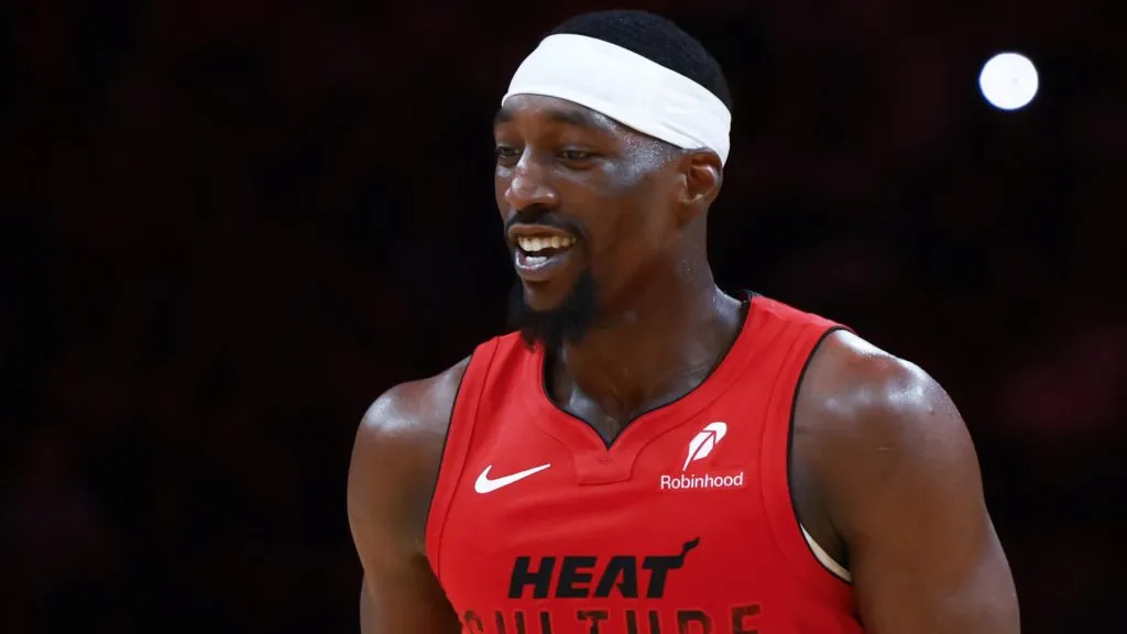 Bam Adebayo #13 of the Miami Heat reacts to a basket against the Phoenix Suns during the second half at Kaseya Center
