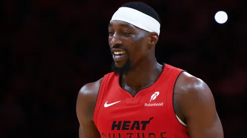 Bam Adebayo #13 of the Miami Heat reacts to a basket against the Phoenix Suns during the second half at Kaseya Center