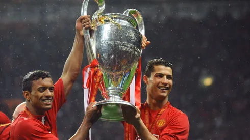 Cristiano Ronaldo and Nani hold the cup after their victory during the UEFA Champions League Final match between Manchester United and Chelsea.