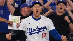 Shohei Ohtani 17 of the Los Angeles Dodgers celebrates after a third out in the ninth inning to win the NLDS Game 5 against the San Diego Padres on Friday October 11, 2024 at Dodger Stadium in Los Angeles, California. Dodgers defeat Padres, 2-0.