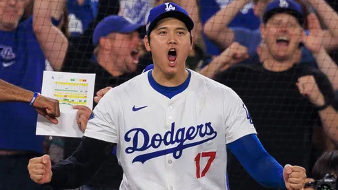 Shohei Ohtani 17 of the Los Angeles Dodgers celebrates after a third out in the ninth inning to win the NLDS Game 5 against the San Diego Padres on Friday October 11, 2024 at Dodger Stadium in Los Angeles, California. Dodgers defeat Padres, 2-0.