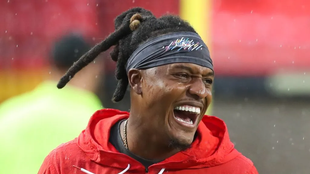 Kansas City Chiefs wide receiver Daurice Fountain (82) laughs before an NFL game between the Buffalo Bills and Kansas City Chiefs on Oct 10, 2021 at GEHA Filed at Arrowhead Stadium in Kansas City, MO.