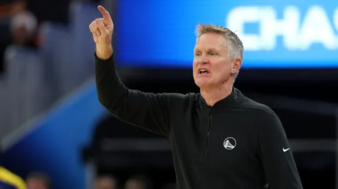 Golden State Warriors head coach Steve Kerr shouts to his team during their game against the Houston Rockets in the first half at Chase Center