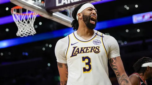 Anthony Davis #3 of the Los Angeles Lakers reacts after scoring in the second half against the Portland Trail Blazers at Crypto.com Arena.