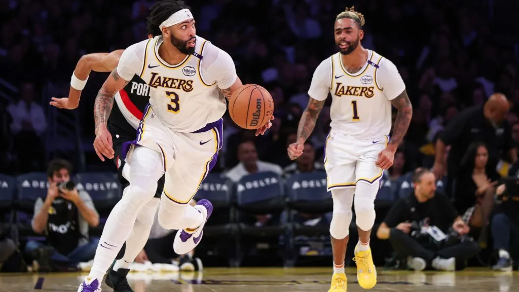 Anthony Davis #3 of the Los Angeles Lakers handles the ball in the second half against the Portland Trail Blazers at Crypto.com Arena. (Meg Oliphant/Getty Images)