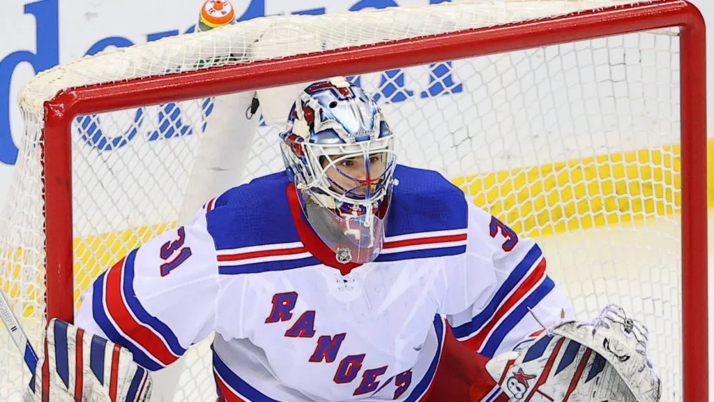 New York Rangers goaltender Igor Shesterkin (31) during the National Hockey League game between the New Jersey Devils and the New York Rangers on April 13, 2021 at the Prudential Center in Newark, NJ.