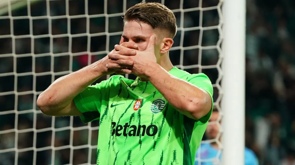 Viktor Gyokeres of Sporting CP celebrates after scoring a goal during the Portuguese Cup match between Sporting CP and Amarante FC. (Gualter Fatia/Getty Images)