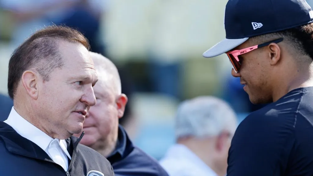 Sports agent Scott Boras talks to Juan Soto #22 of the New York Yankees during batting practice ahead of Game One of the 2024 World Series at Dodger Stadium on October 25, 2024 in Los Angeles, California. (Photo by Kevork Djansezian/Getty Images)