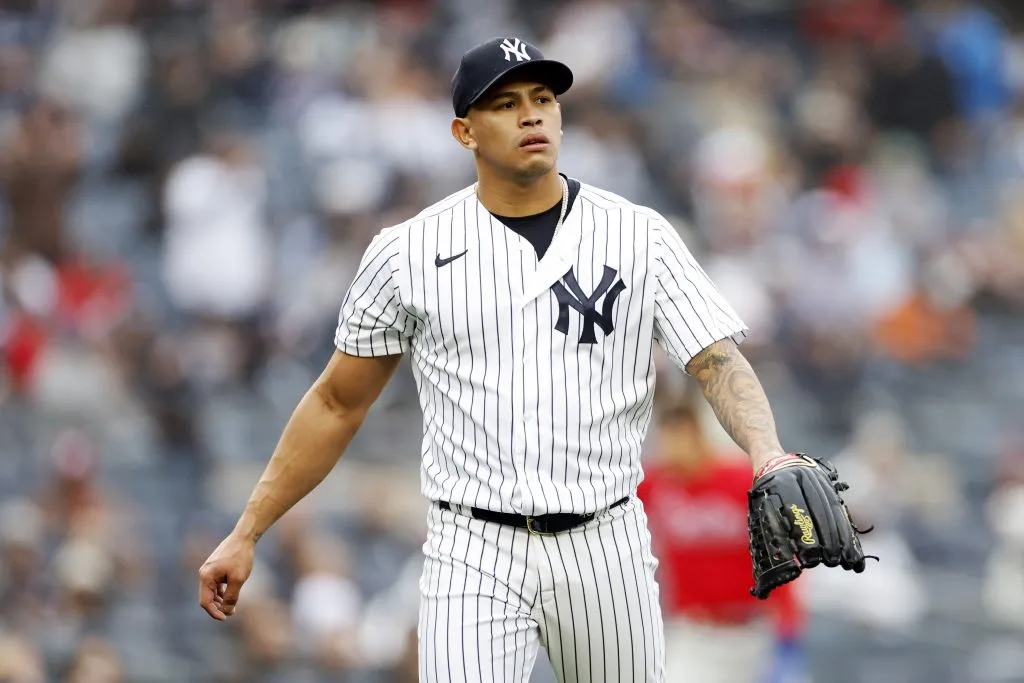 NEW YORK, NEW YORK – APRIL 05: Jonathan Loaisiga #43 of the New York Yankees looks on during the seventh inning against the Philadelphia Phillies at Yankee Stadium on April 05, 2023 in the Bronx borough of New York City. (Photo by Sarah Stier/Getty Images)