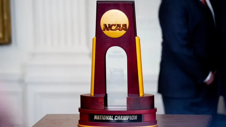 The NCAA National Championship trophy is displayed during a celebration of the 2023-2024 University of Connecticut Huskies Men's Basketball NCAA championship team in the East Room of the White House on September 10, 2024 in Washington, DC. The Huskies beat the Purdue Boilermakers 75-60 for their sixth NCAA Championship and their second championship in a row.