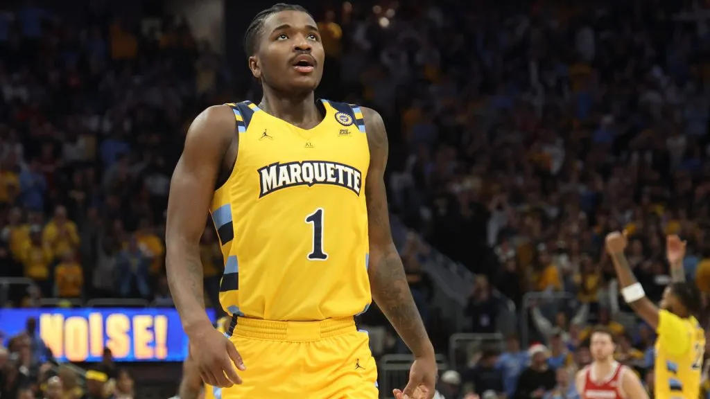 Kam Jones #1 of the Marquette Golden Eagles walks backcourt during a game against the Wisconsin Badgers at Fiserv Forum on December 07, 2024 in Milwaukee, Wisconsin. Marquette defeated Wisconsin 88-74.