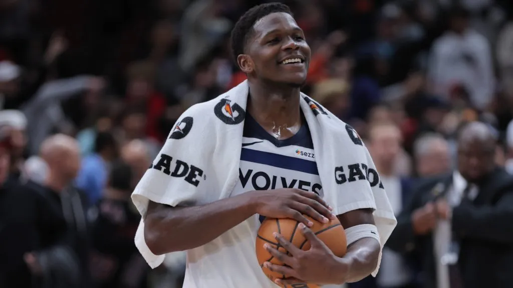Minnesota Timberwolves guard Anthony Edwards (5) holds onto the game ball after a game against the Chicago Bulls on November 7, 2024. (Source: IMAGO / Icon Sportswire)