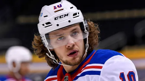 New York Rangers Left Wing Artemi Panarin (10) warms up before the game between the Pittsburgh Penguins and the New York Rangers on January 22, 2021, at PPG Paints Arena in Pittsburgh, PA.