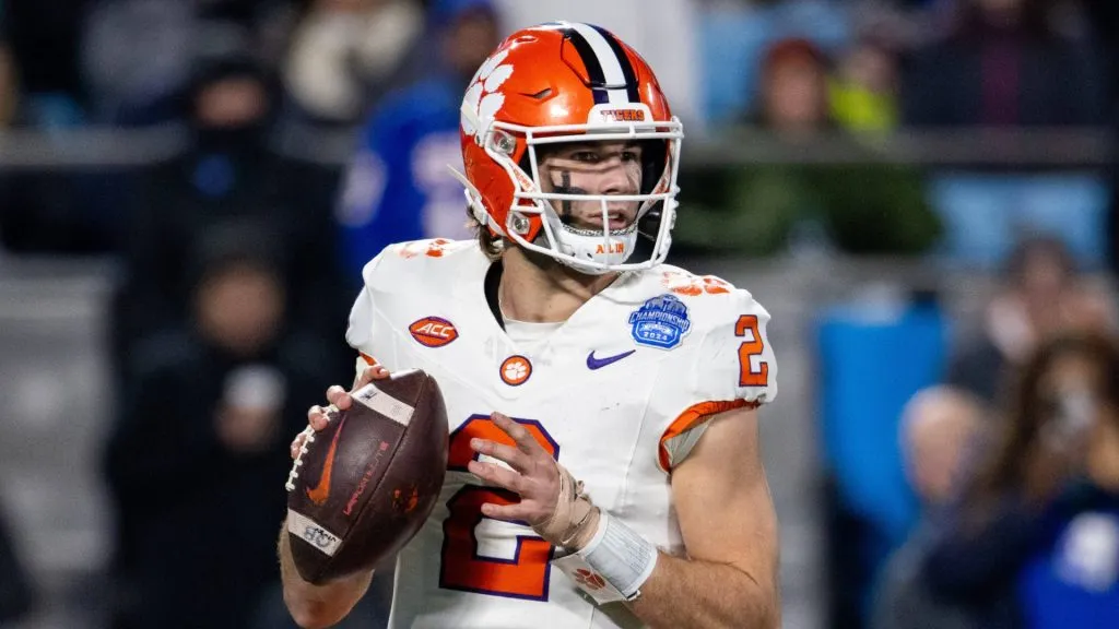 Clemson Tigers quarterback Cade Klubnik (2) drops back against the Southern Methodist Mustangs during the third quarter of the 2024 ACC Championship at Bank of America Stadium in Charlotte, NC.