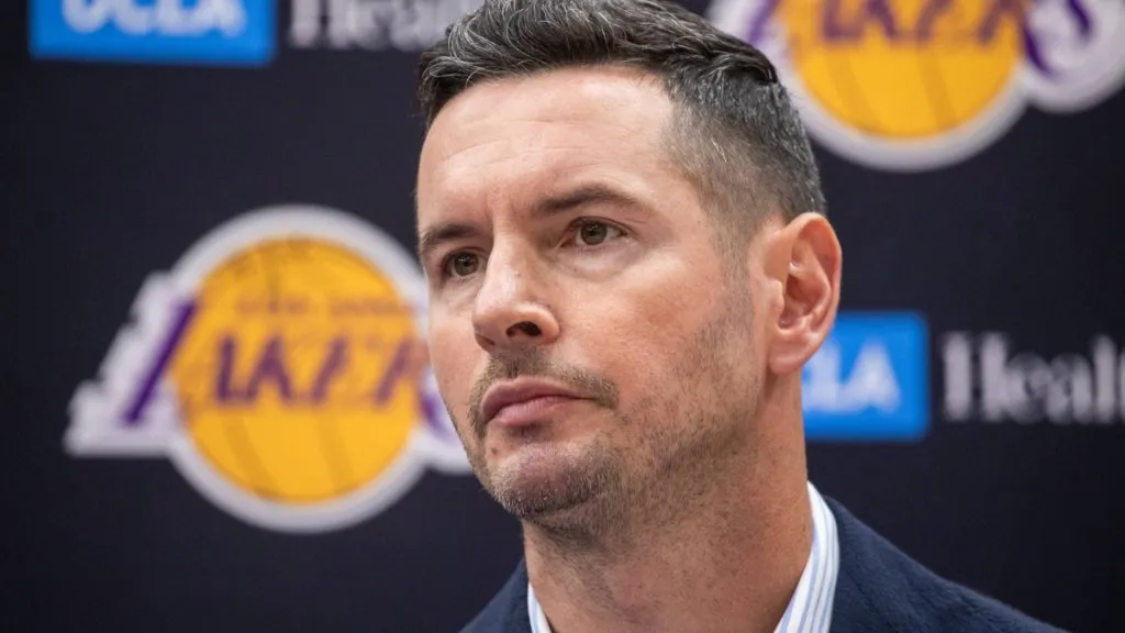 JJ Redick, Los Angeles Lakers’ new coach seen during a news conference to introduce the team’s new draft picks, Bronny James and Dalton Knecht. (Source: IMAGO / SOPA Images)