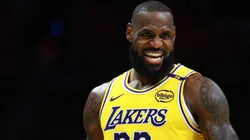 LeBron James #23 of the Los Angeles Lakers reacts against the Miami Heat during the first half at Kaseya Center on December 04, 2024 in Miami, Florida.