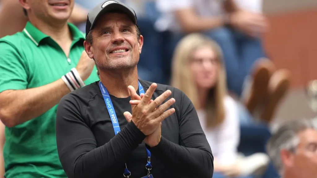 Ben Navarro, father of Emma Navarro of the United States, looks on against Coco Gauff of the United States during their Women’s Singles Fourth Round match on Day Seven of the 2024 US Open. (Jamie Squire/Getty Images)