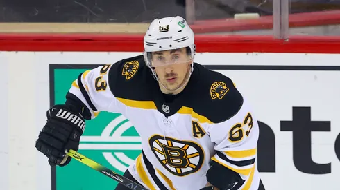 Boston Bruins center Brad Marchand (63) skates during the National Hockey League game between the New Jersey Devils and the Boston Bruins on May 3, 2021 at the Prudential Center in Newark, NJ.