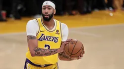 Anthony Davis #3 of the Los Angeles Lakers dribbles the ball against the Miami Heat.